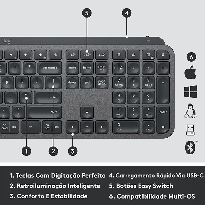 Teclado sem fio Logitech MX Keys com Iluminação Inteligente Conexão USB Unifying ou Bluetooth